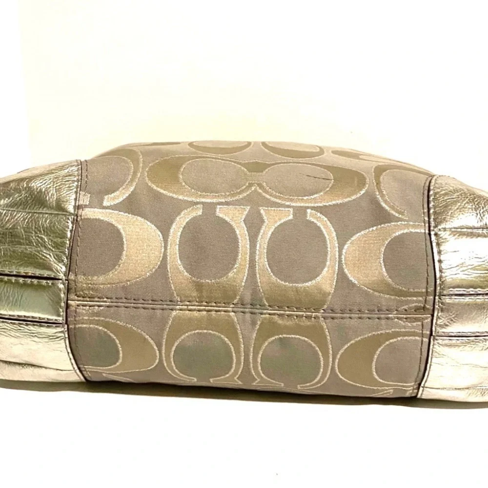 Coach CC signature print metallic gray leather shoulder handbag